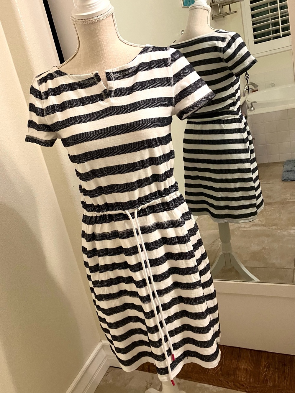Talbots Black and White Striped Drawstring Waist Mini Dress, size Small Petite